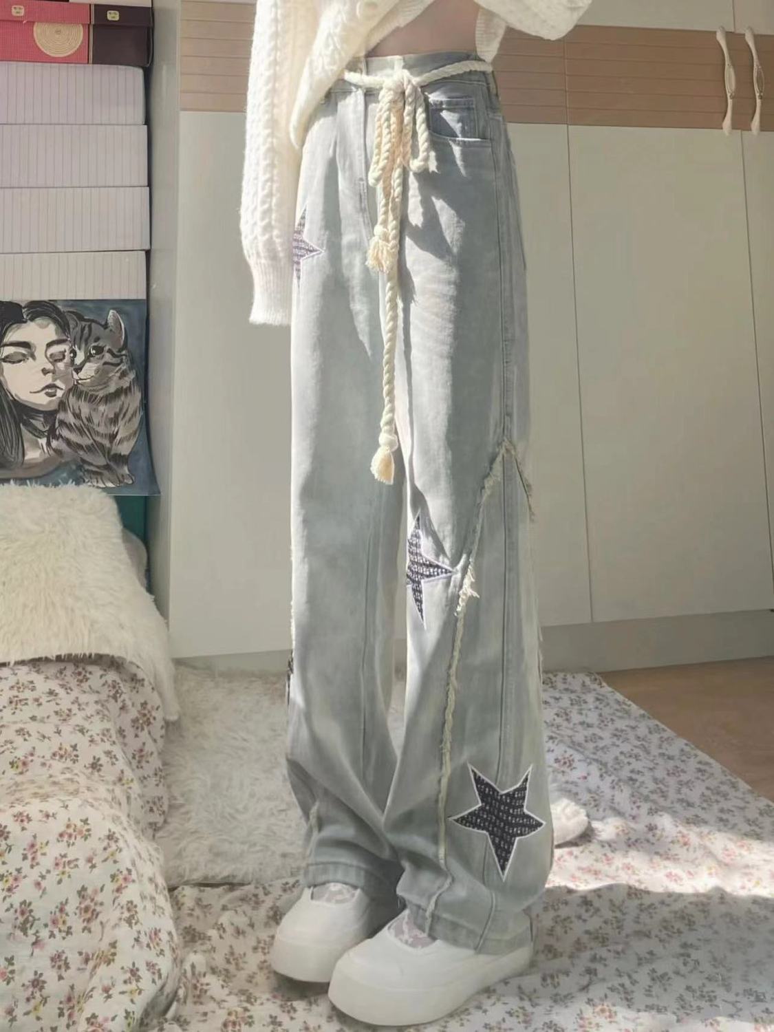 美式高街毛邊星星刺繡牛仔褲女秋季設計感高腰寬鬆直筒闊腿褲潮