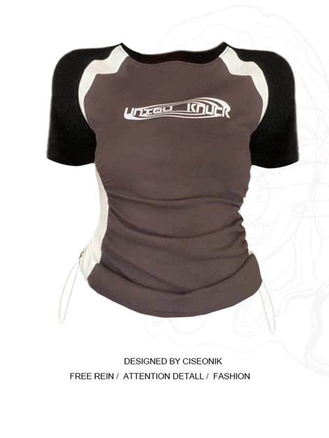 Large size fat sister American retro raglan short-sleeved t-shirt women's short sports summer drawstring hot girl front shoulder top