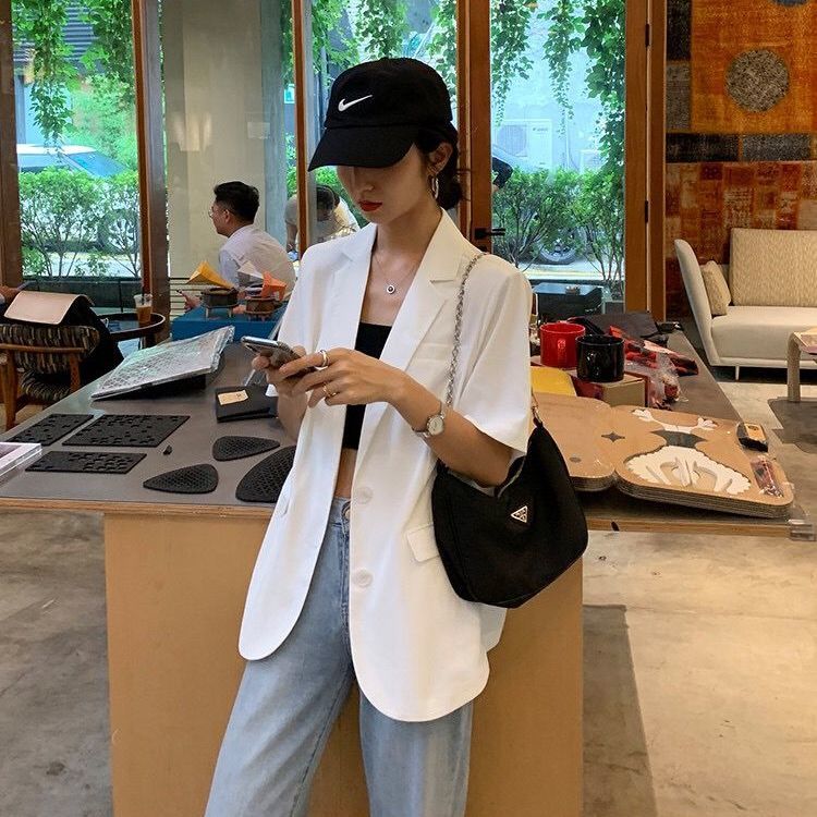 White small suit jacket women  spring and summer thin section Korean version loose sunscreen small suit mid-length air-conditioning cardigan