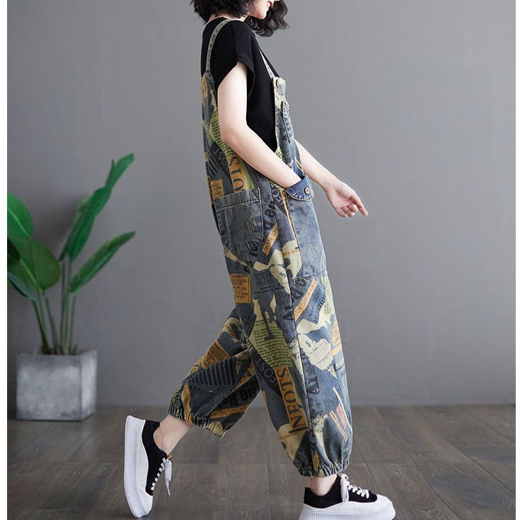 Fashion overalls female fat mm thinner 2022 summer thin section painted jeans Korean version of age-reducing wide-leg jumpsuit tide