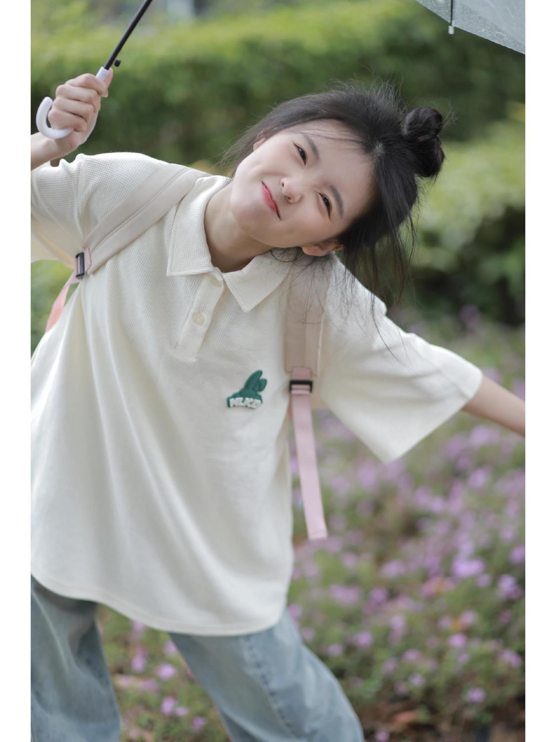 Cute bunny design sense short-sleeved waffle POLO shirt female student casual loose retro couple top tide