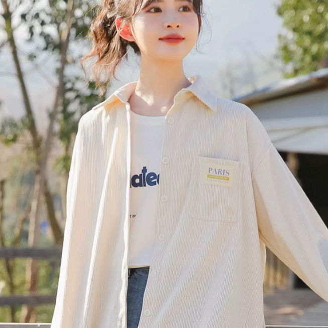 2023春秋新款寬鬆百搭文藝慵懶燈芯絨長袖襯衫女學生純色襯衣外套