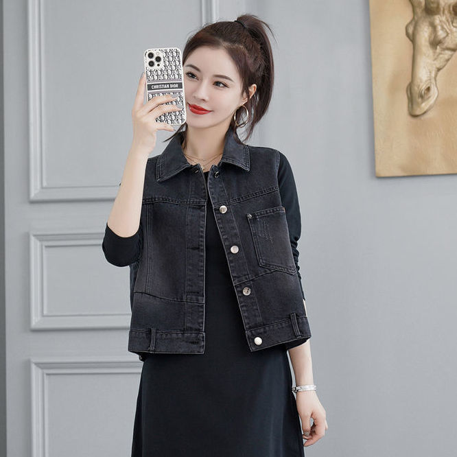 Black denim vest women's short section  spring and summer Korean version loose retro sleeveless vest waistcoat vest shoulder top