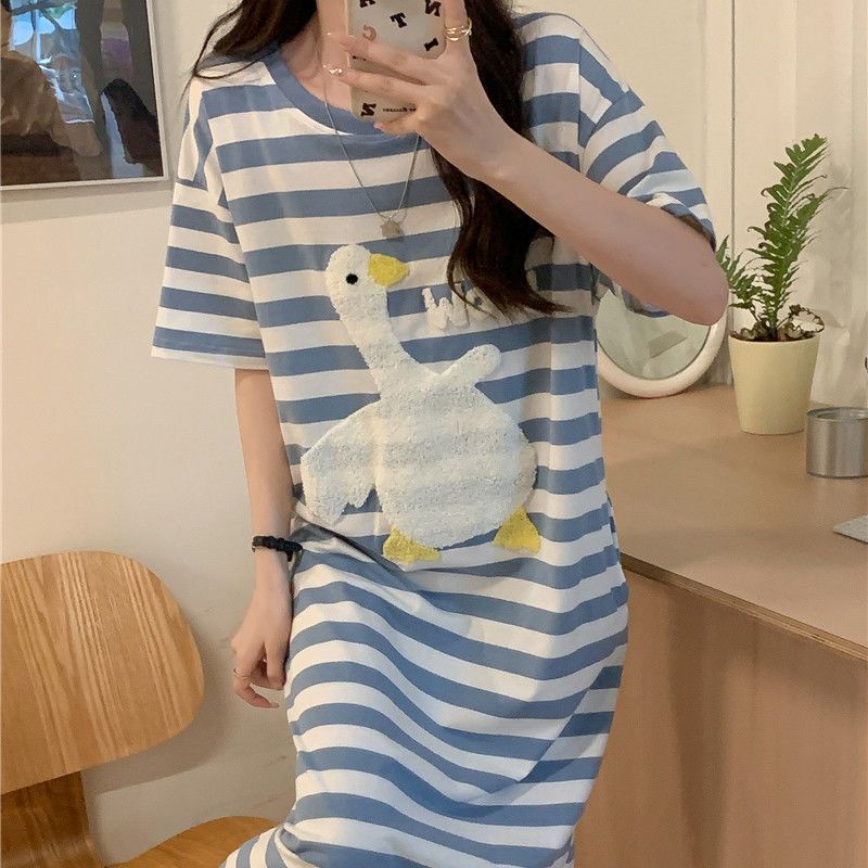 Nightdress ladies summer short-sleeved thin section striped big white goose cartoon cute pajamas ins style high-value home service