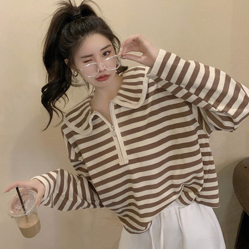 Spring and autumn new large size fat mm striped age-reducing doll collar lazy wind slim long-sleeved T-shirt top female 200 catties