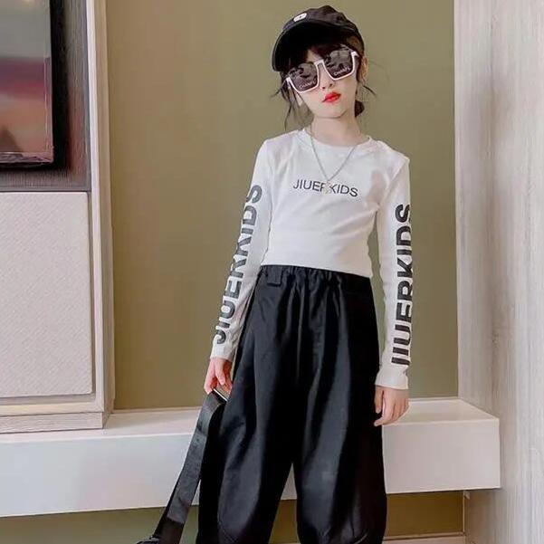 Girls long-sleeved t-shirt spring and autumn high waist foreign style small shirt slim black and white bottoming shirt children's navel cropped top