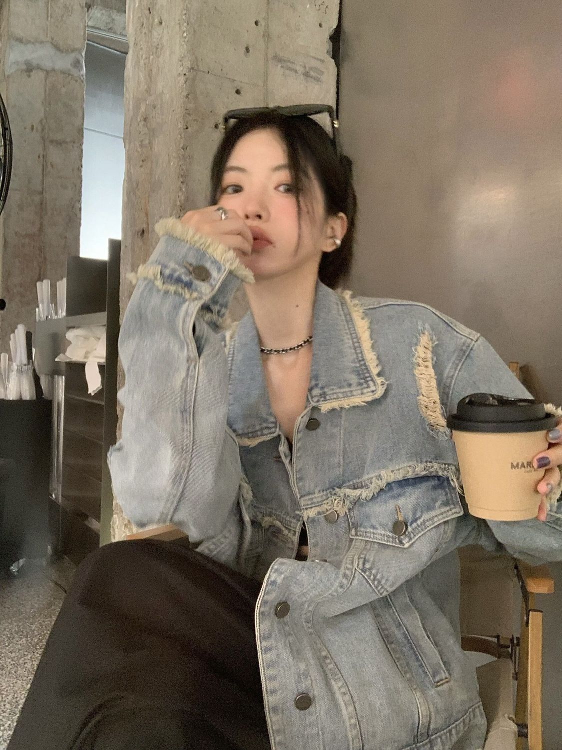 Design sense fringe distressed jacket short denim jacket women's spring and autumn large size American retro high-end clothes