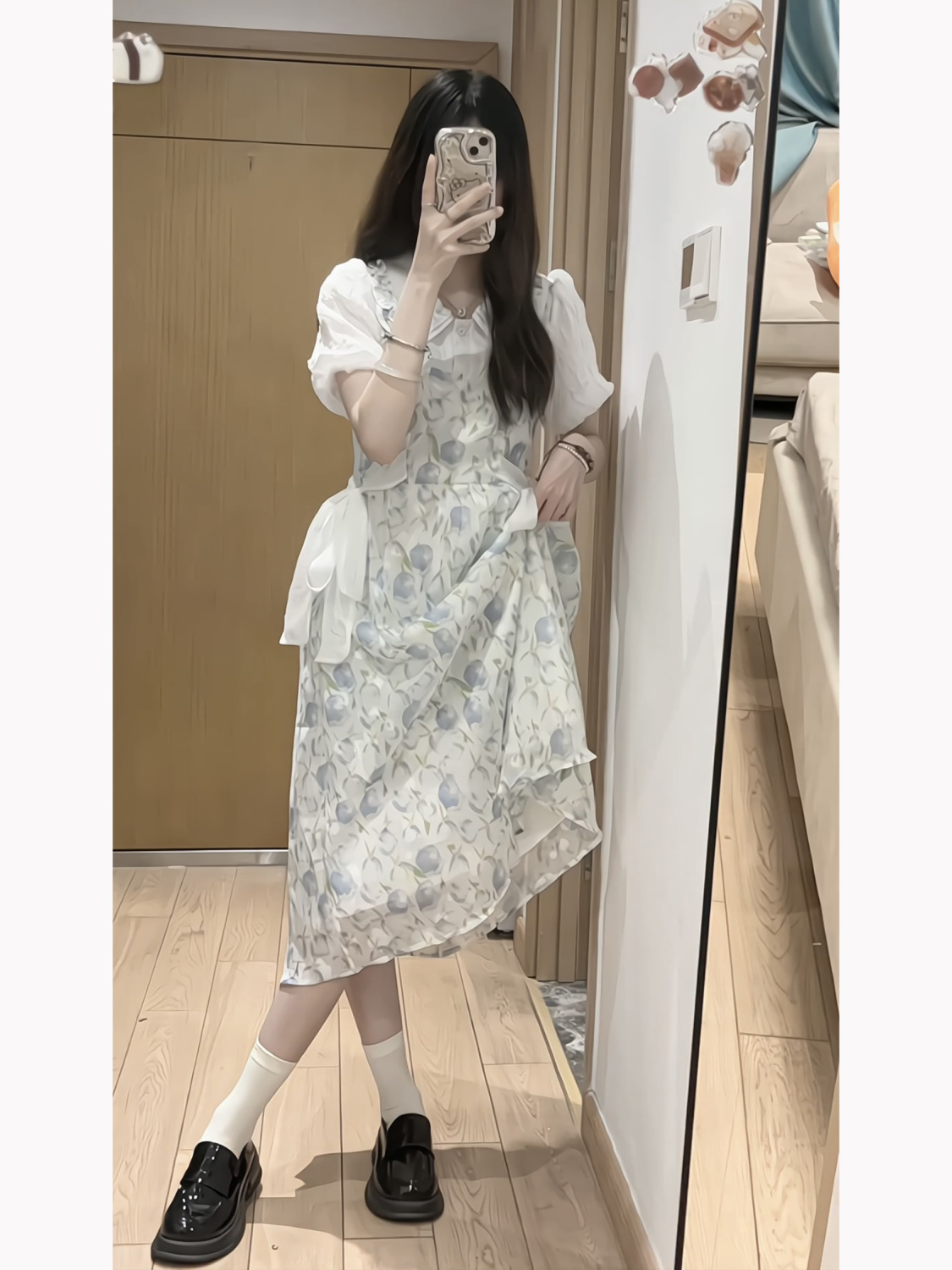 College style fake two-piece doll collar floral dress girl student Japanese sweet tie waist waist age reduction A-line skirt