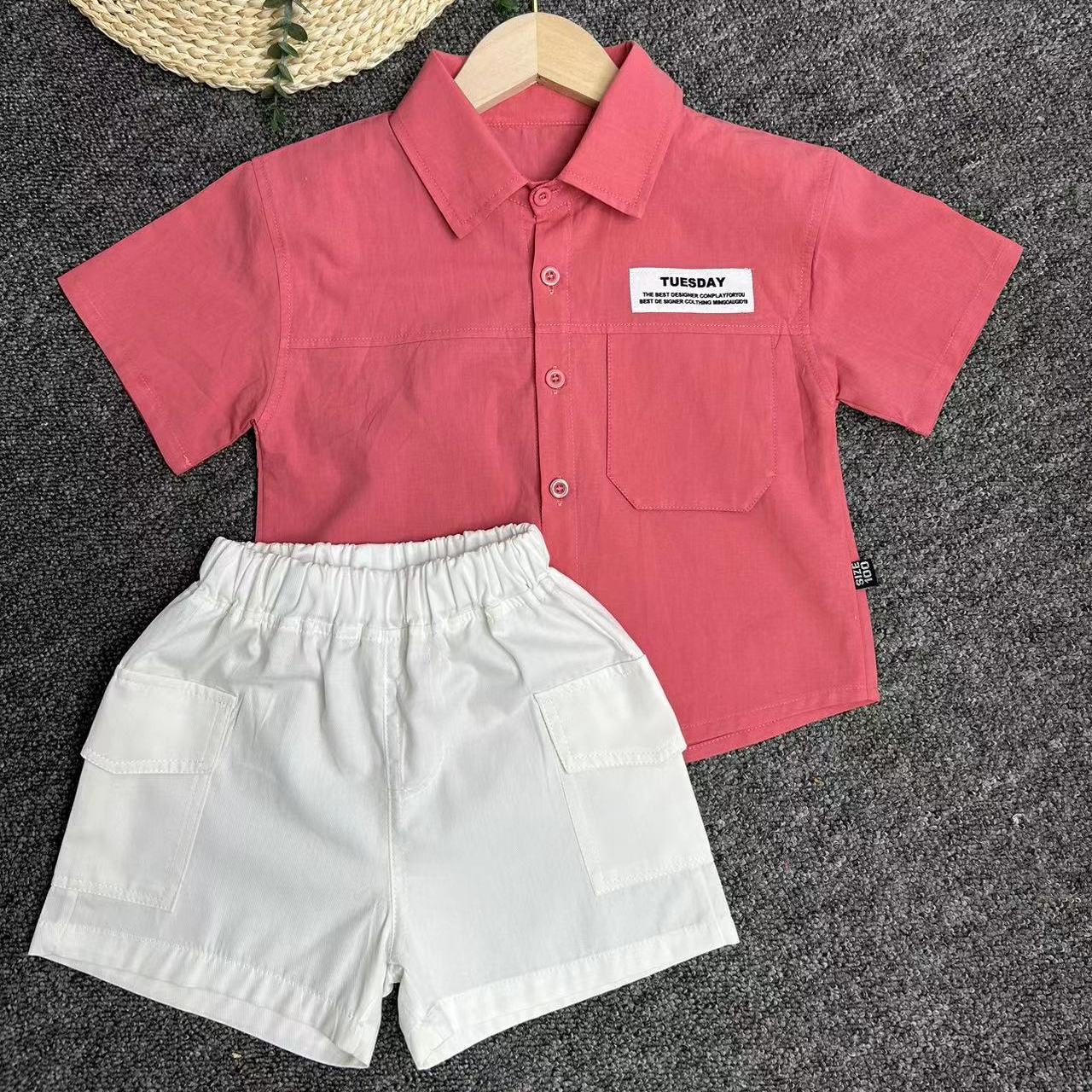 男童短袖衬衫套装2023夏季新款儿童粉色衬衣男孩宝宝薄款两件套装