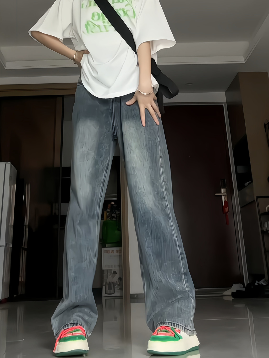 大碼美式高街闊腿牛仔褲女胖妹妹mm寬鬆顯瘦復古高腰直筒拖地褲子
