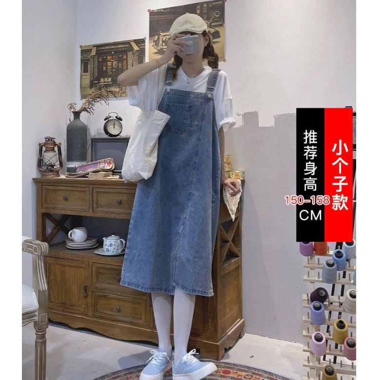 小個子牛仔背帶裙女2022新款夏季設計感小眾直筒復古寬鬆連衣裙