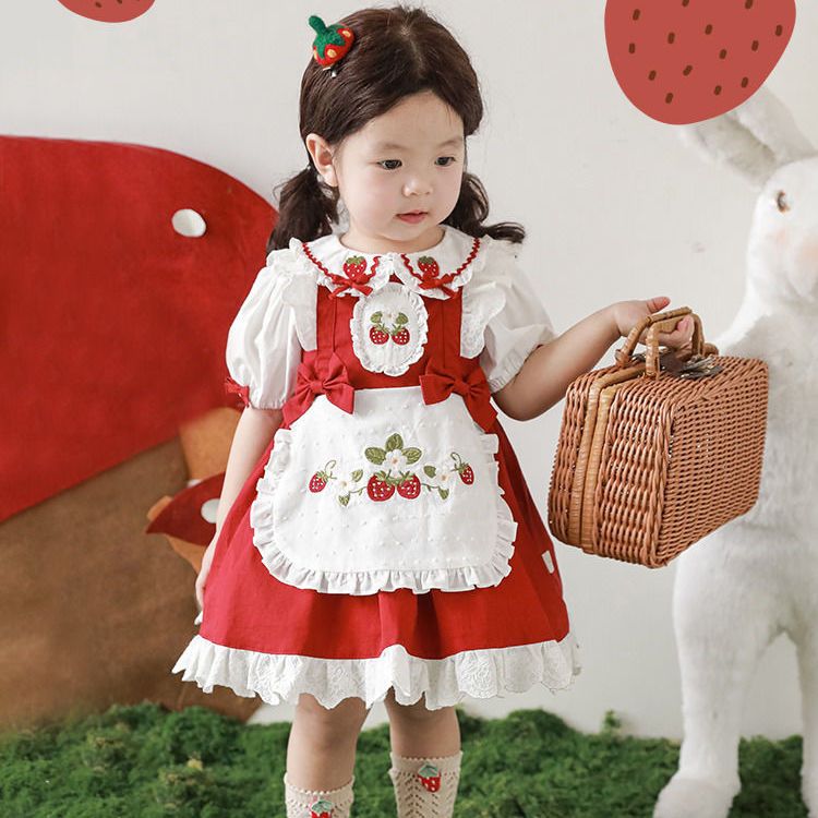 Girls French dress cute strawberry embroidered small lapel baby summer bow shirt fashionable princess dress