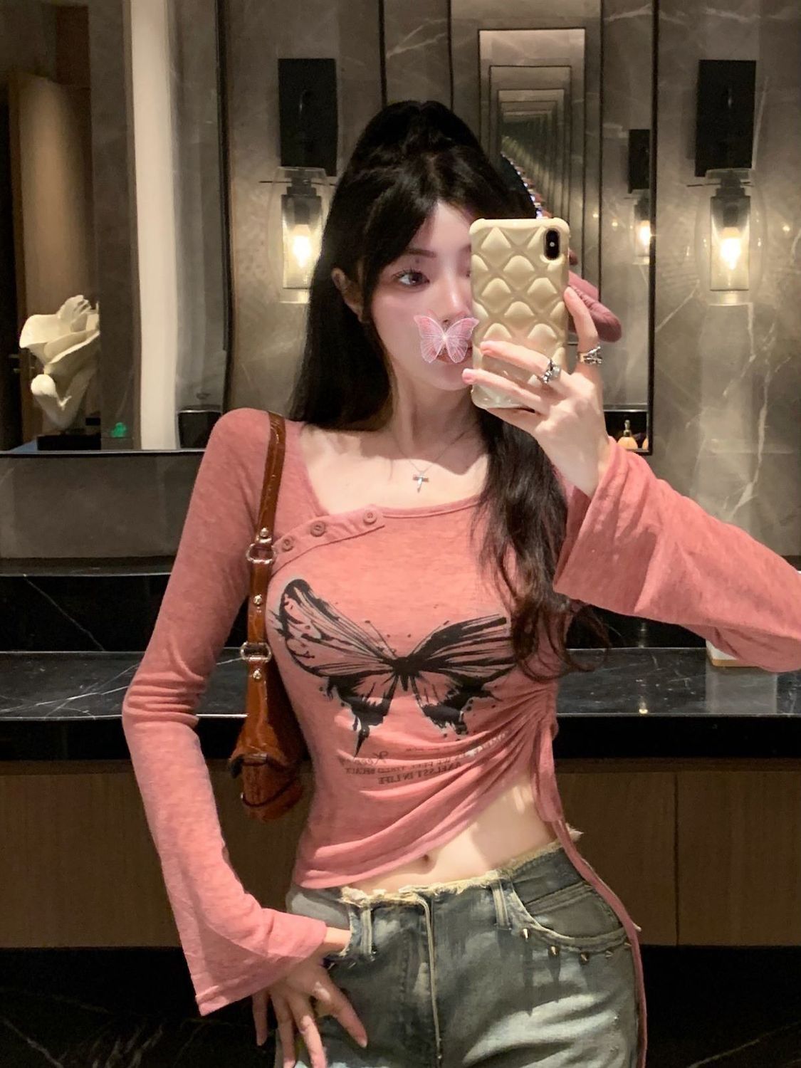 Pure Desire Hot Girl Irregular Butterfly Print Long Sleeve T-Shirt Women's New Autumn Design Slim Bottoming Shirt Top