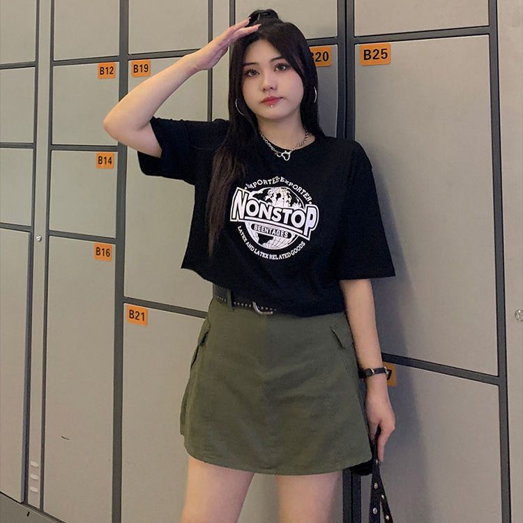 大碼女裝2022夏季新款短款復古印花短袖t恤女上衣胖mm半身裙套裝