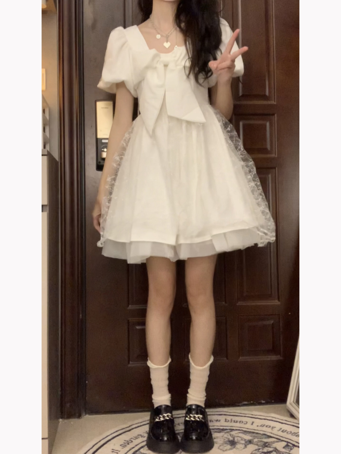 French Retro First Love Mesh Stitching Puff Sleeve Bowknot White Dress Female Student Korean Version A-line Skirt