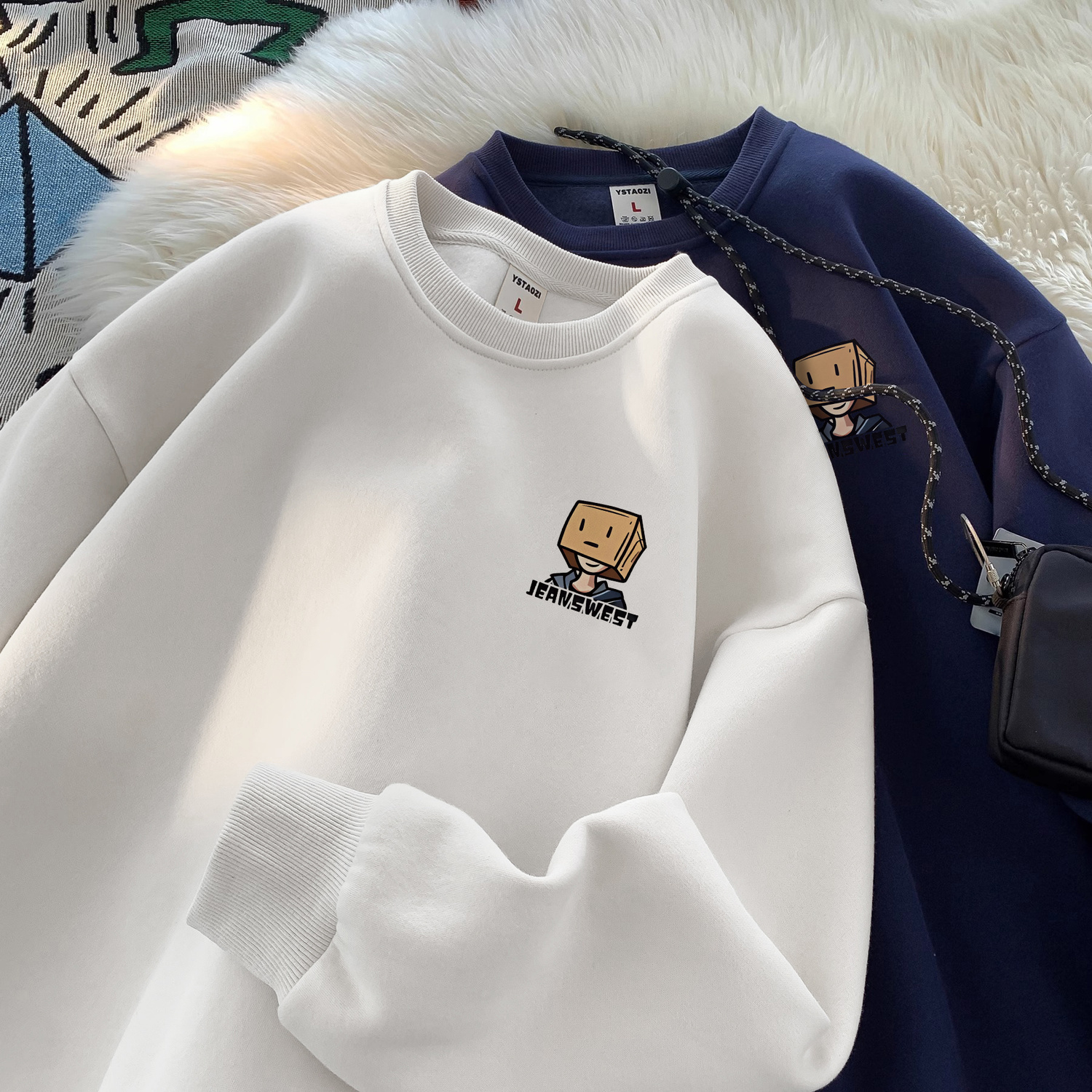 圓領重磅衛衣男秋季青少年潮牌印花上衣服寬鬆休閒打底衫套頭外套