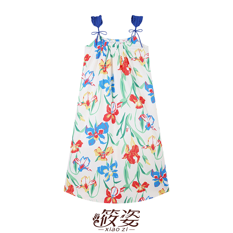 Xiaozi flower-color suspender dress retro high-end Hawaiian vacation style sleeveless skirt Sanya beach skirt