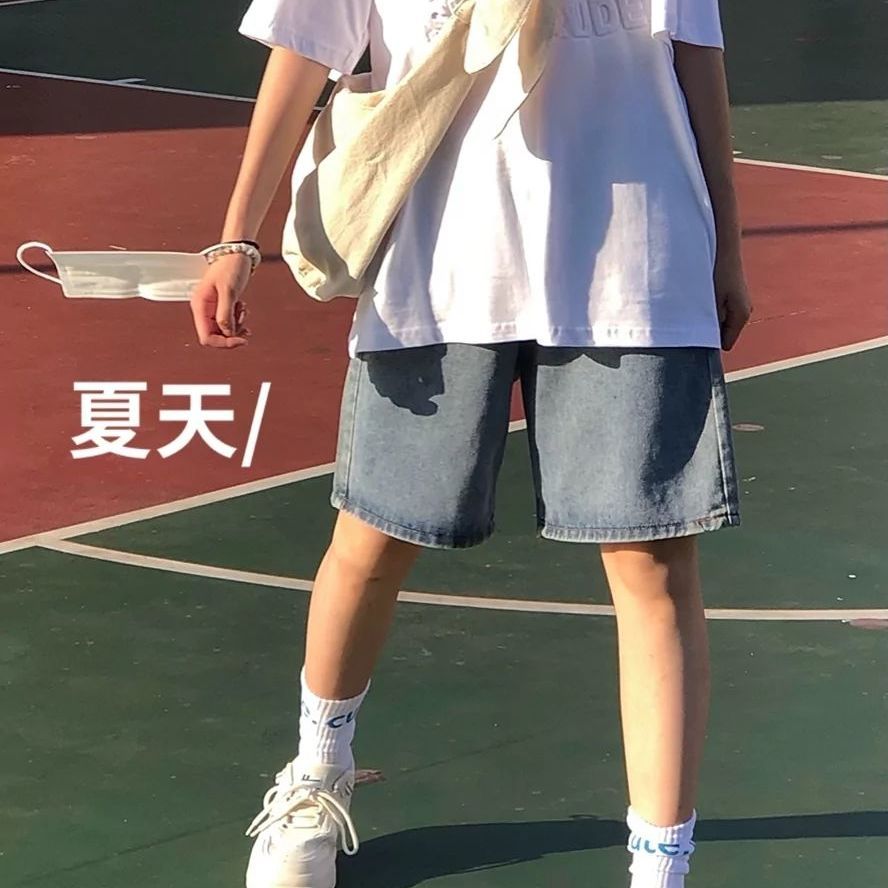 復古藍五分牛仔短褲女夏季新款ins學生寬鬆高腰直筒韓版闊腿中褲