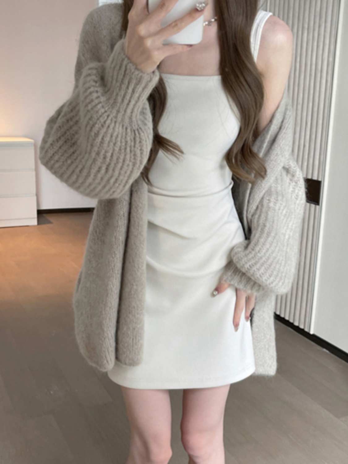 秋季套裝女2023新款韓系慵懶風奶fufu高級修身針織開衫毛衣吊帶裙