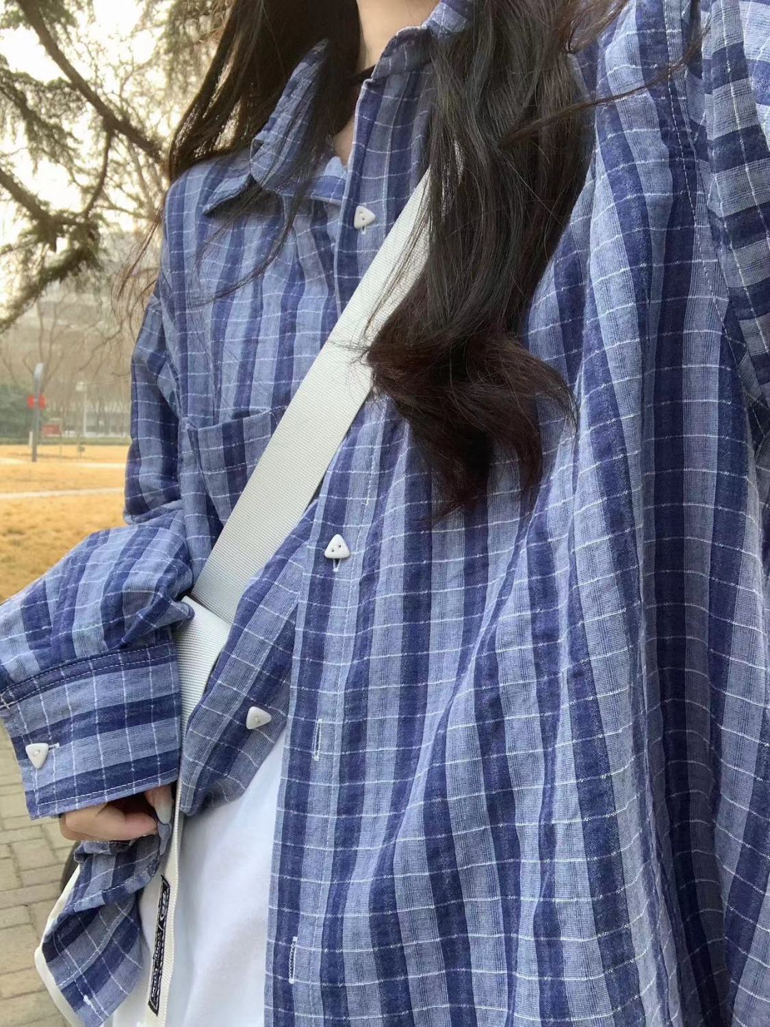美式復古藍格子襯衫女2023春夏新款寬鬆長袖上衣情侶襯衣開衫外套
