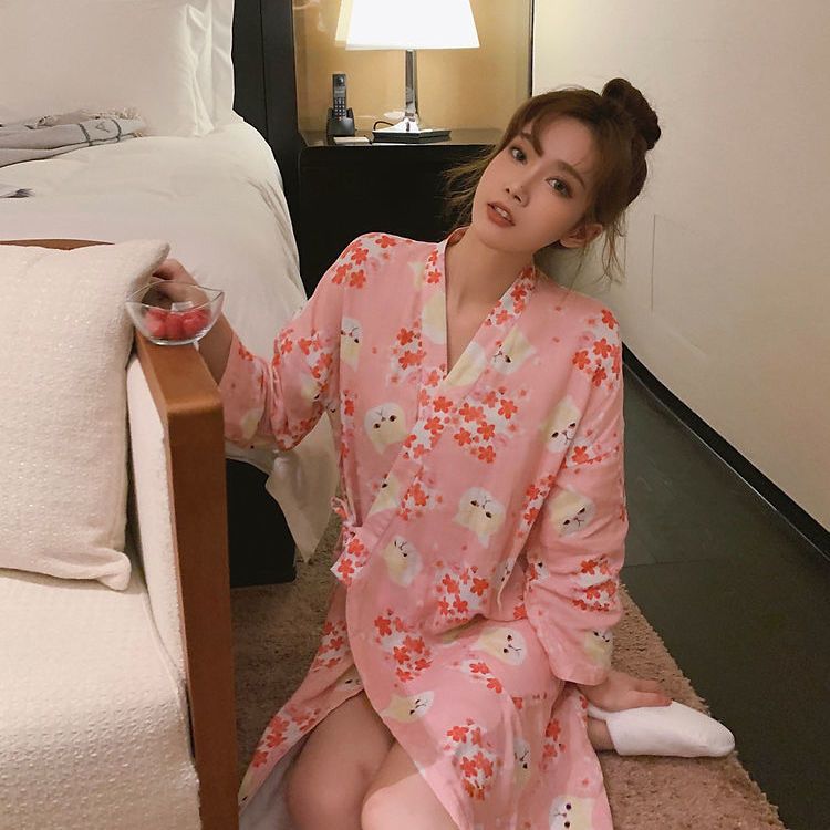 Zhang Dayi net red same style Japanese girl kimono pajamas women's long-sleeved  autumn new sweet nightgown bathrobe