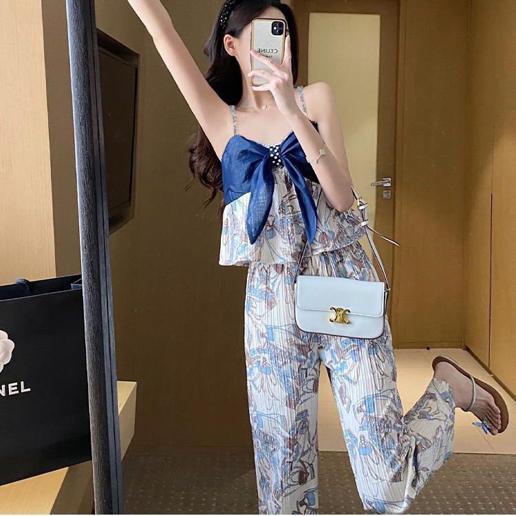 Summer new Korean condole top sleeveless fashion wide leg pants set large size loose shoulder slip fashionable two-piece set