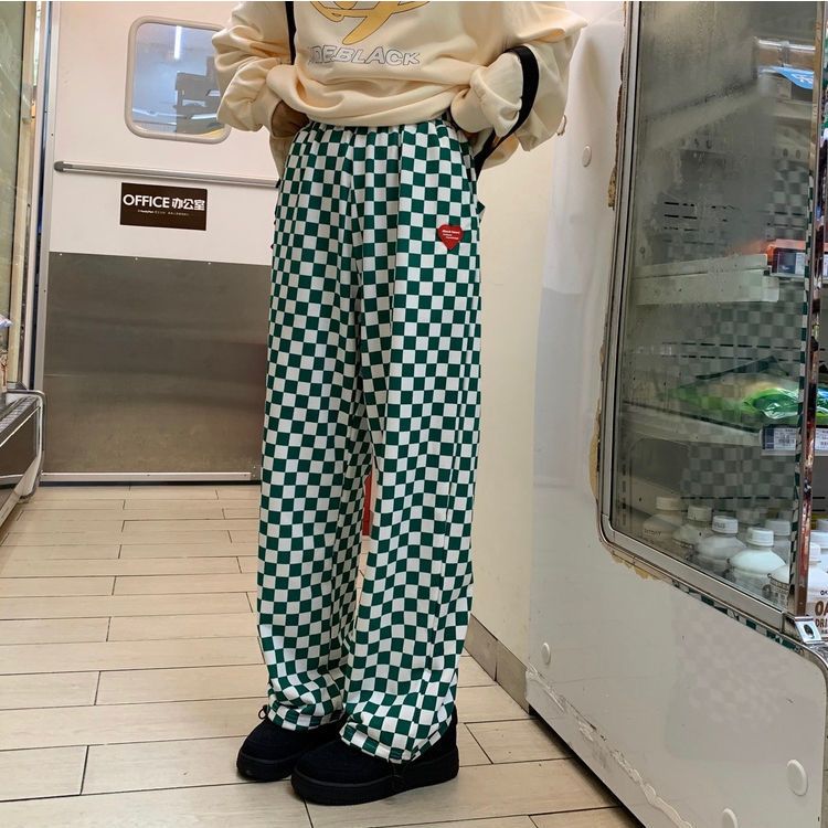 Black and white plaid casual pants women's  summer new loose Korean version straight wide-leg pants drawstring trousers women