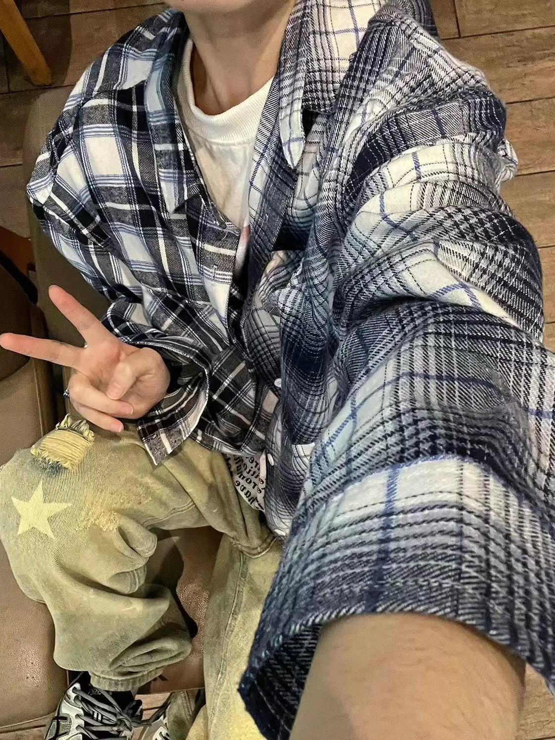 慵懶風格子襯衫外套女港味個性ins寬鬆休閒長袖襯衣防曬開衫外穿