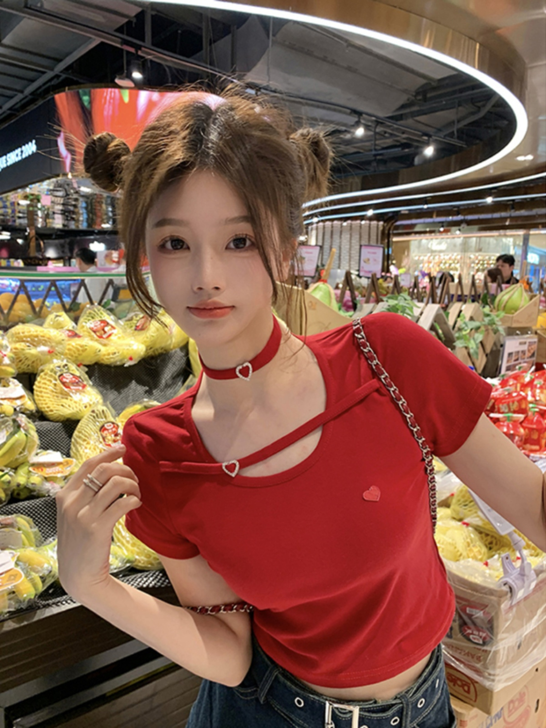 辣妹95棉高質量愛心紅色短袖T恤女裝設計感小眾修身顯瘦短款上衣