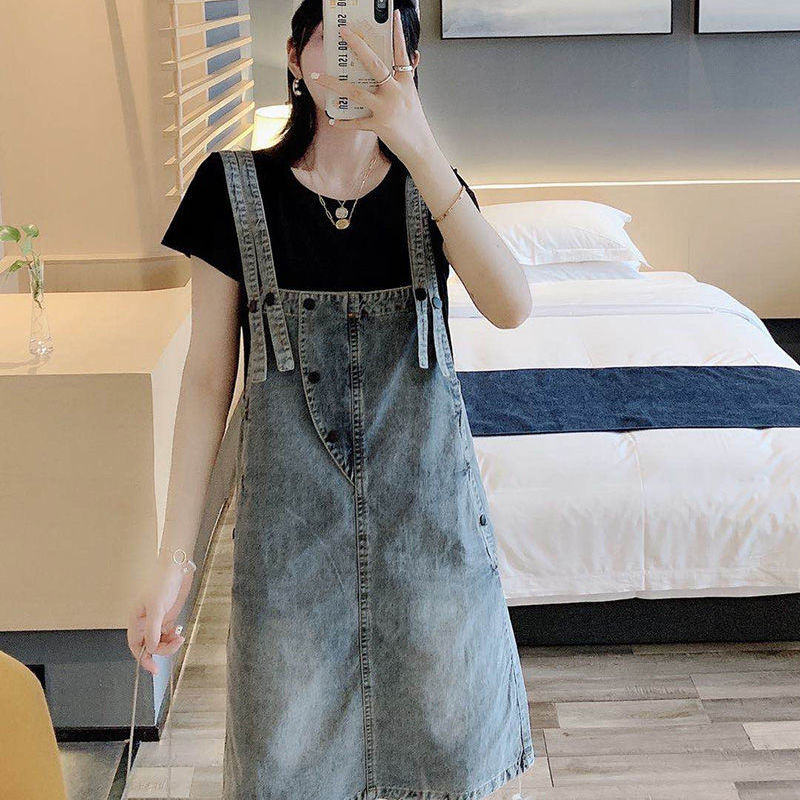 Fashion denim suspender dress two-piece set female  Xia Xin a-line skirt age-reducing western style suspender skirt suit