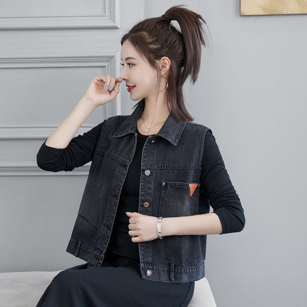 Black denim vest women's short section  spring and summer Korean version loose retro sleeveless vest waistcoat vest shoulder top