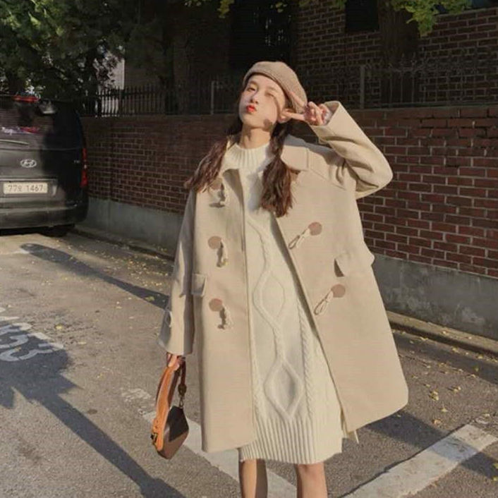 Horn button woolen coat women's mid-length Hepburn style  spring, autumn and winter new small woolen coat thick