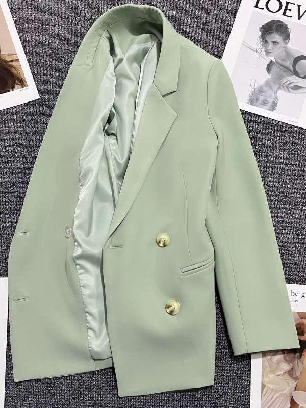 Mint green suit jacket for women spring and autumn new style small design fashionable white double-breasted suit top