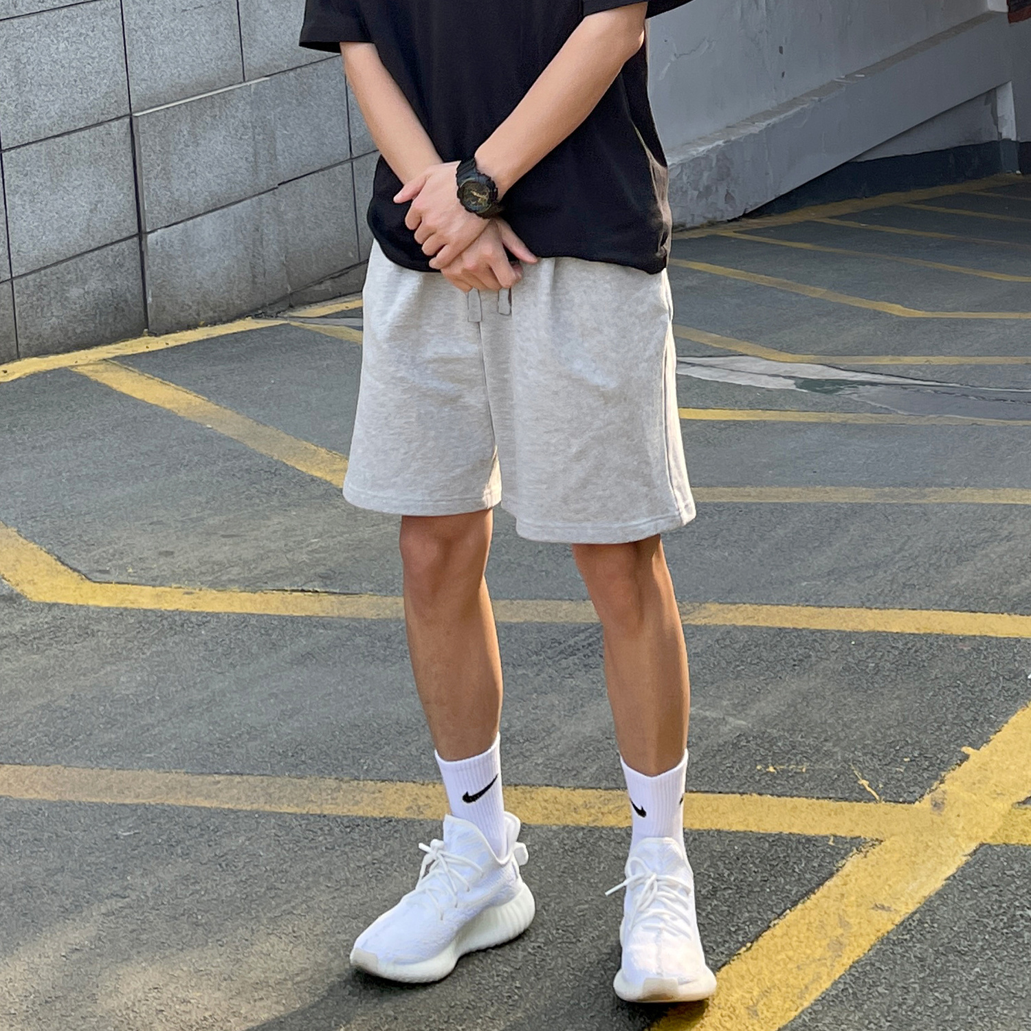 夏季美式純色簡約休閒短褲男潮牌高街寬鬆純棉外穿籃球運動五分褲