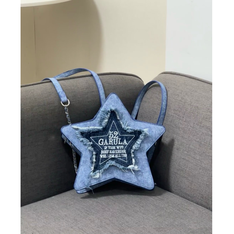 原創設計牛仔藍五角星雙肩包刺繡字母流蘇Y2K斜挎包