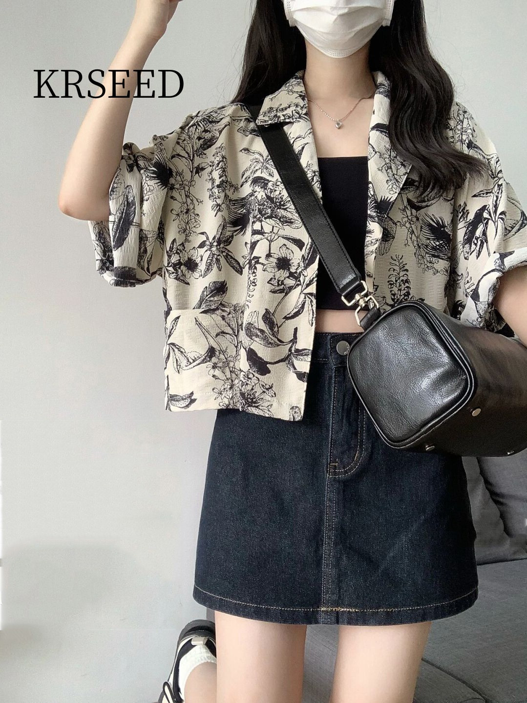 KRSEED短袖花襯衫女夏季小眾設計高級感法式別致短款上衣小個子女