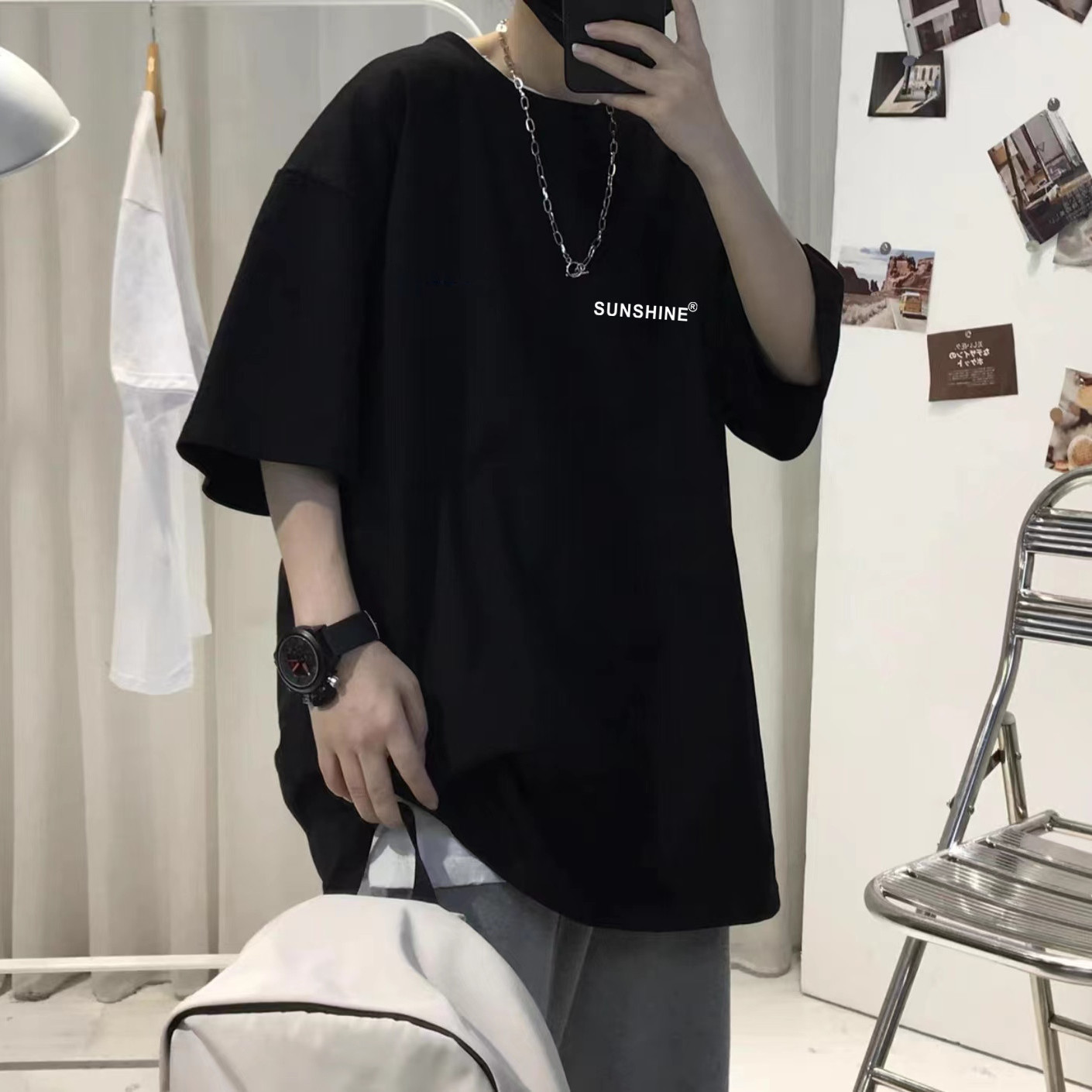 100%純棉重磅短袖白色t恤男女ins潮流韓版港風日系休閒寬鬆慵懶風