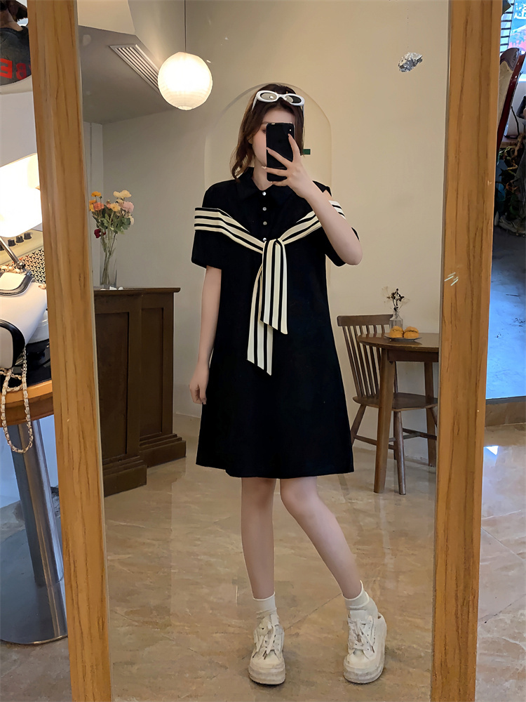 Off-the-shoulder striped stitching POLO collar little black dress fat MM extra large size 300 catties loose belly cover thin dress summer