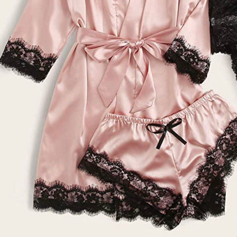 新款欧美女式睡衣 4件套蕾丝花边缎面吊带睡衣套装带睡袍内衣