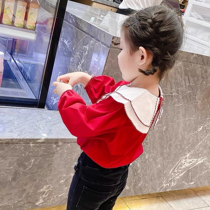 2021 Girls Spring and Autumn New Lapel Doll Red Solid Color Top Baby Spring and Autumn Bottom Shirt Xiaoxiang Style