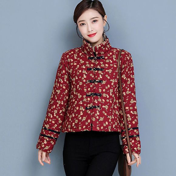 Tang suit floral small padded jacket Chinese style retro buckle warm jacket autumn and winter ethnic style padded thick cotton coat