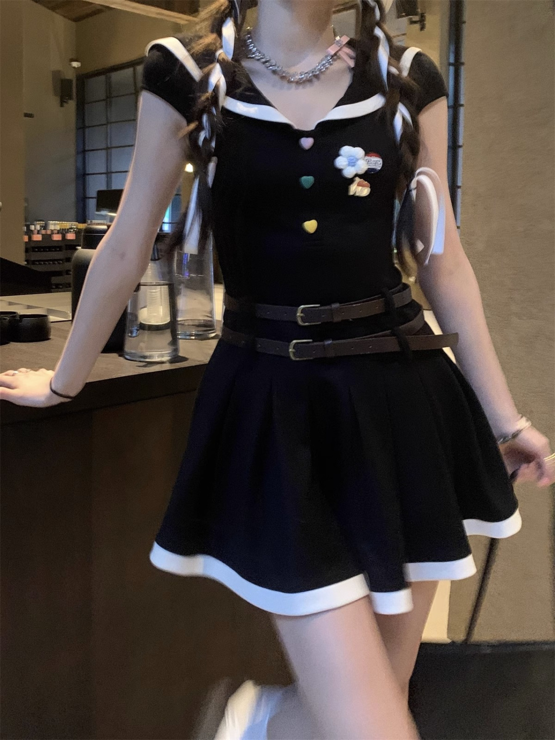 法式復古海軍領無袖連衣裙女夏季校園學院風甜辣百褶小黑裙A字裙