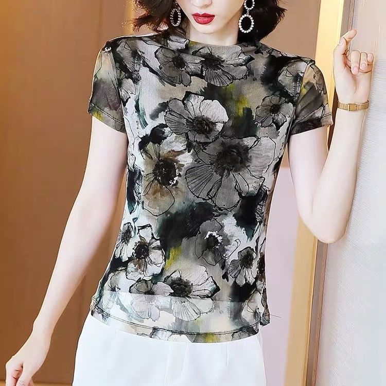 網紗t恤女印花夏季2021新款設計感立領打底洋氣半袖印花修身上衣
