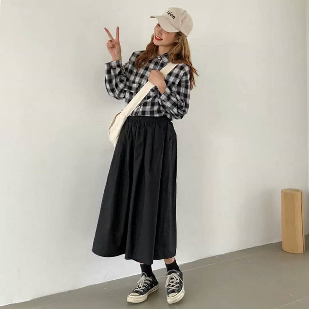 Japanese college style mid-length skirt for women Korean style student solid color elastic waist versatile loose A-line skirt ins