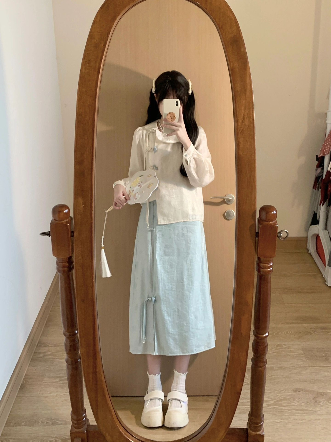 春秋款新中式中國風小眾盤扣設計長袖襯衫上衣女甜美半身裙兩件套