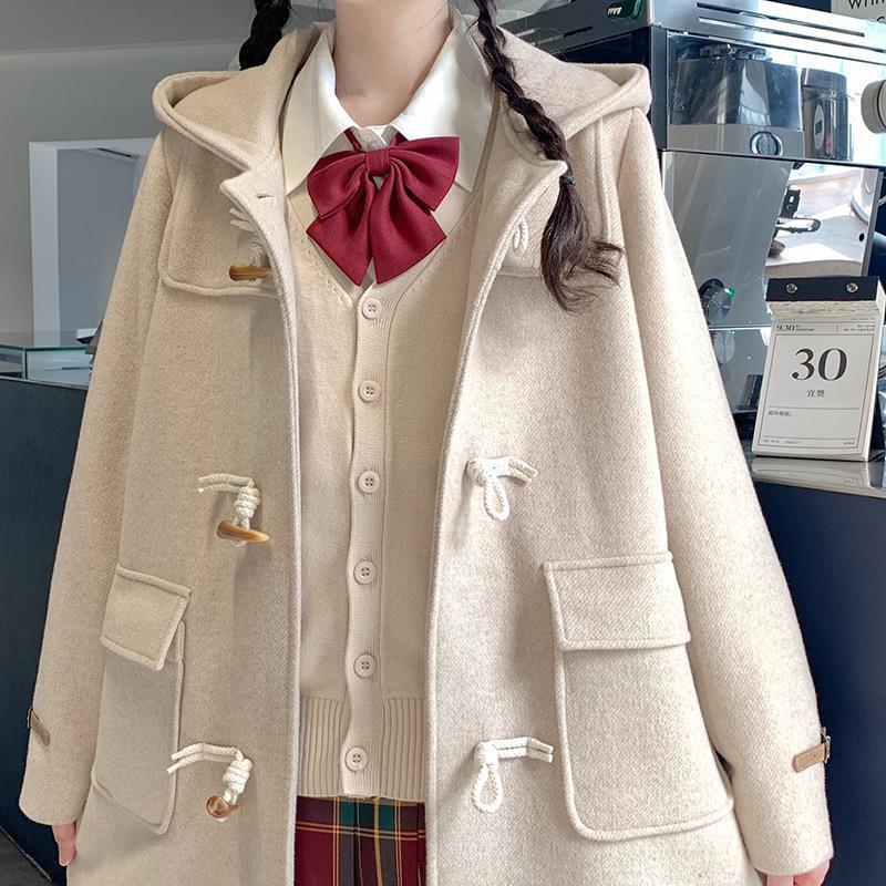 Japanese woolen coat female  spring, autumn and winter new horn buckle small hooded woolen coat student thick