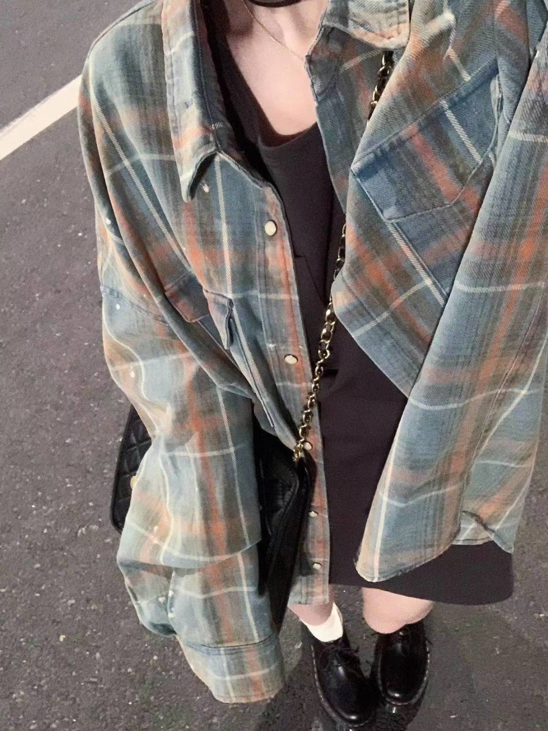 夏季新款polo領格子襯衫女個性BF風寬鬆慵懶襯衣防曬開衫時尚上衣