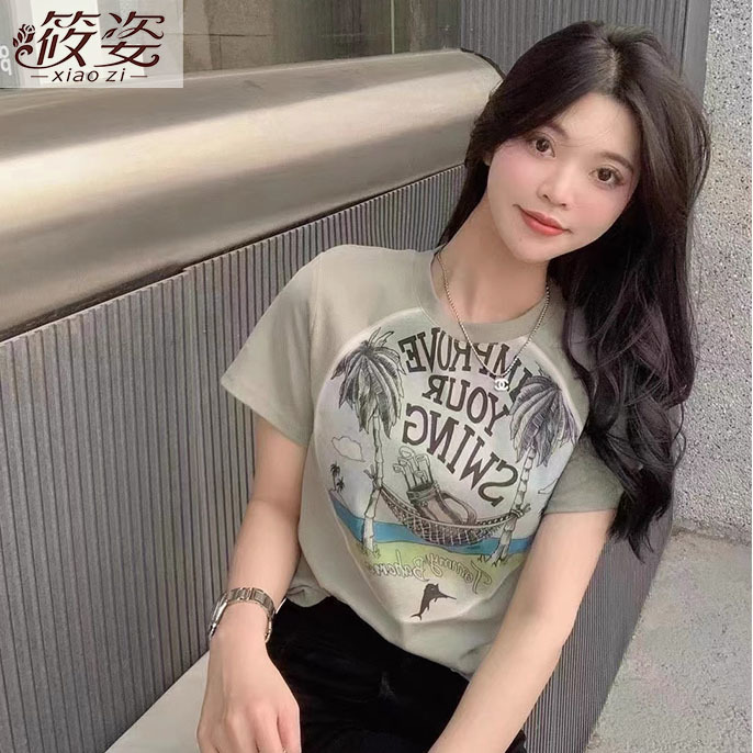 筱姿設計感辣妹美式復古內搭短袖T恤女夏季修身顯瘦短款印花上衣