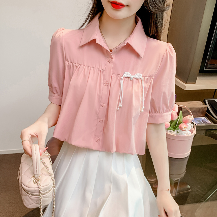 Korean version temperament summer new new Chinese style chest bow button large size slimming all-match solid color shirt top
