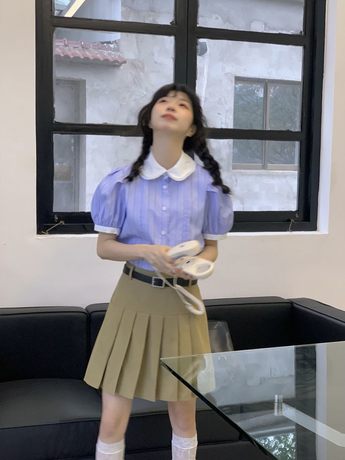 兩件套裝/單件夏季新款紫色襯衫泡泡袖POLO領上衣女卡其色百褶裙